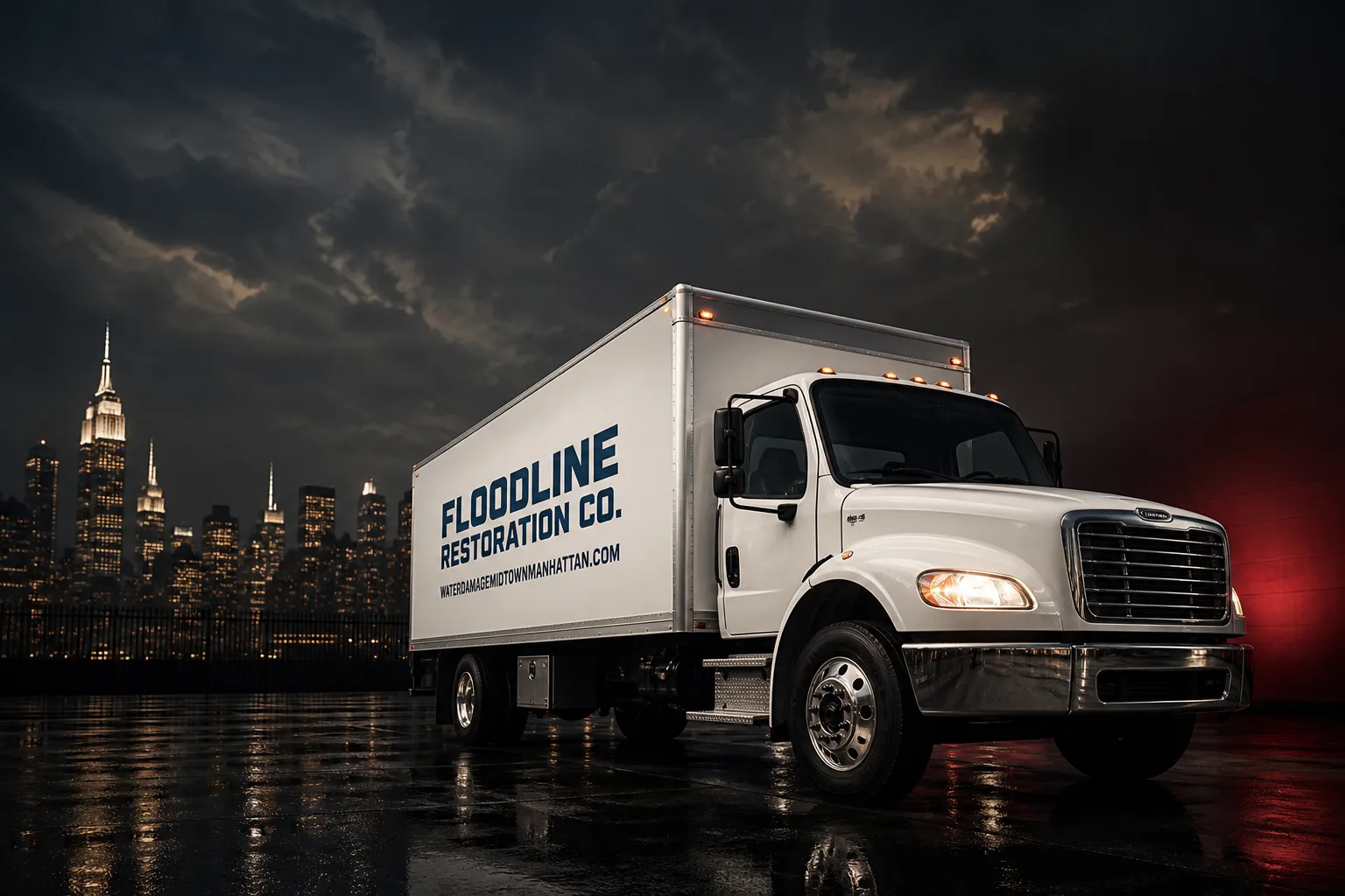 Floodline Restoration Co. damage restoration service vehicle and crew in Midtown Manhattan, NY
